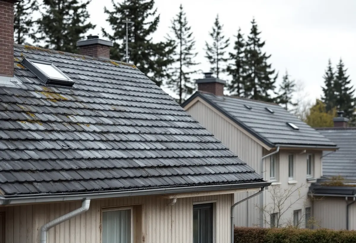 Radhus i Sollentuna med gamla betongpannor och mossa, mogna för takbyte