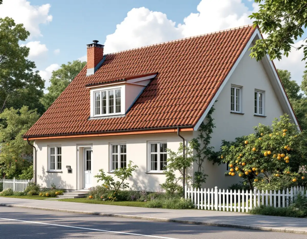 Villa med sadeltak av tegel på en villagata i Solna