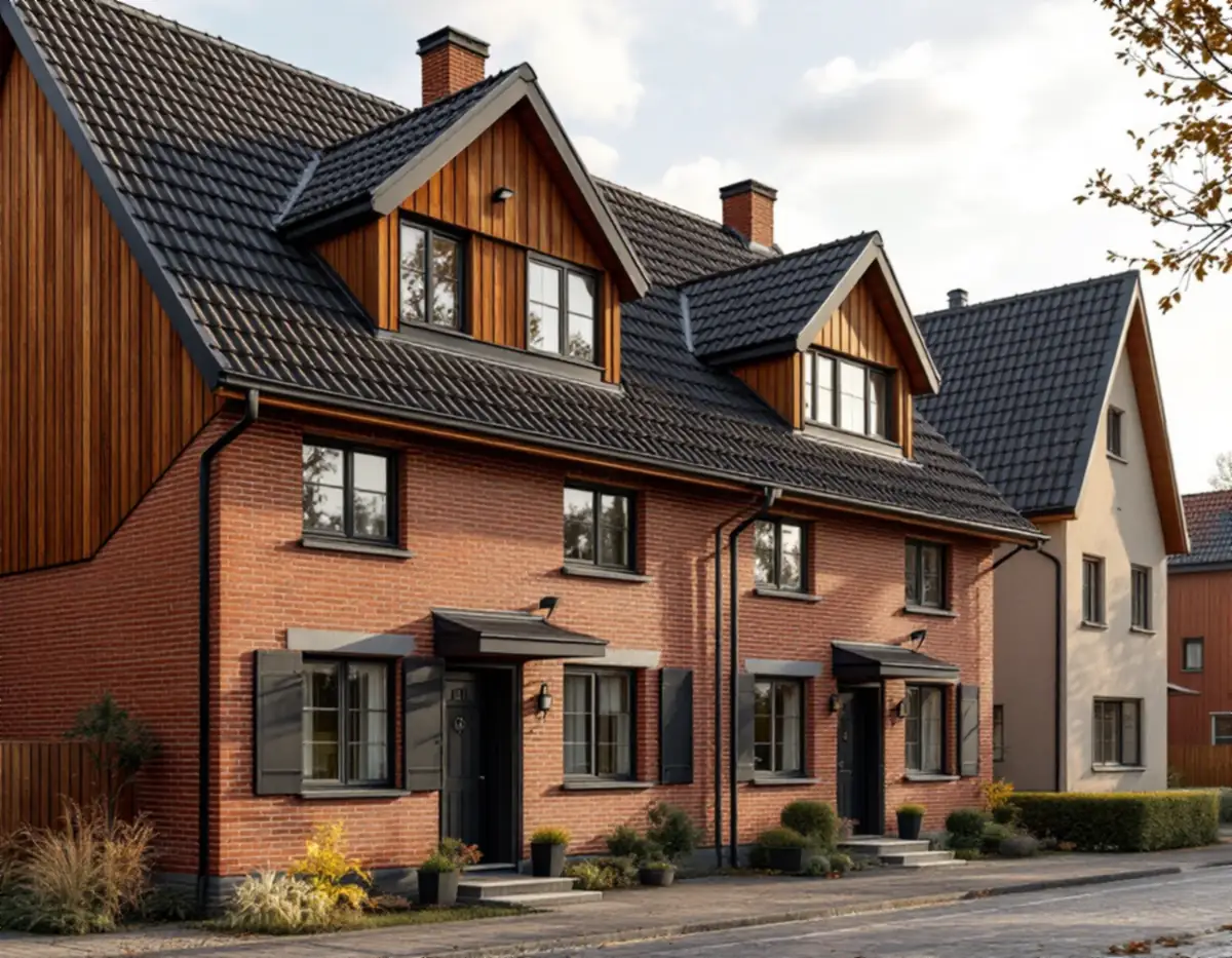 Kedjehus i Täby med fasadtegel, träpanel och branta tak av svarta betongpannor