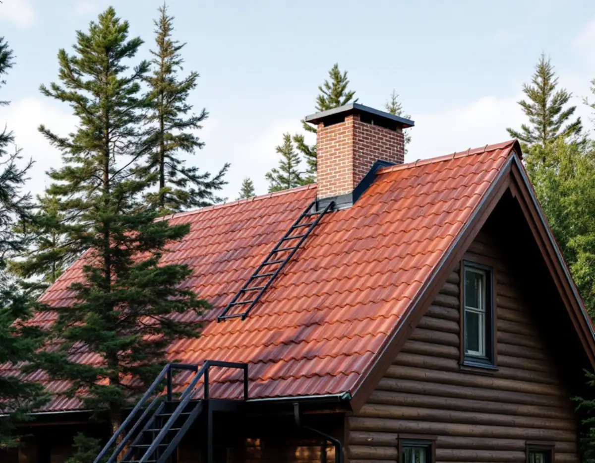 Villa i Tyresö med nytt tegeltak, svart takstege upp till skorstenen och tallar runt huset