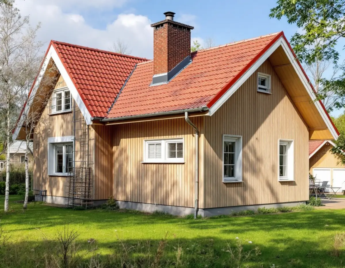 Villa från 1980-talet med nytt rött betongpannetak och murad skorsten