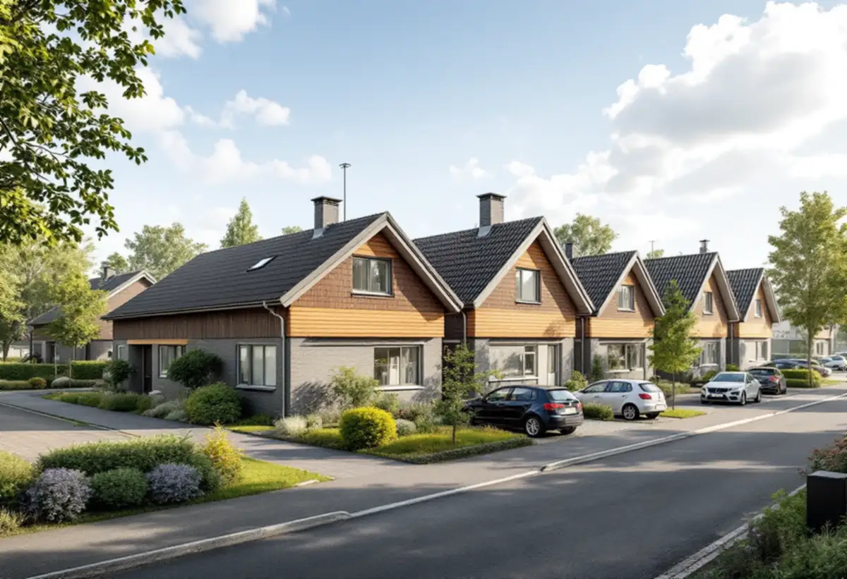 Rad av likadana sadeltak i ett småhusområde