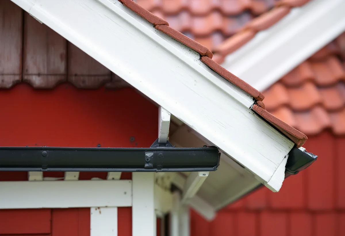 Takfot och takutsprång på ett äldre trähus med nya tegelpannor och ny plåt
