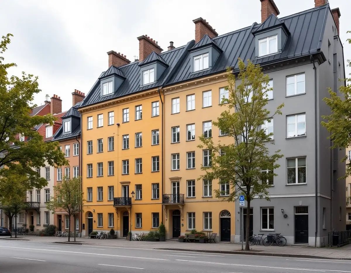 Sammanbyggda stenhus med branta plåttak längs en gata i innerstaden