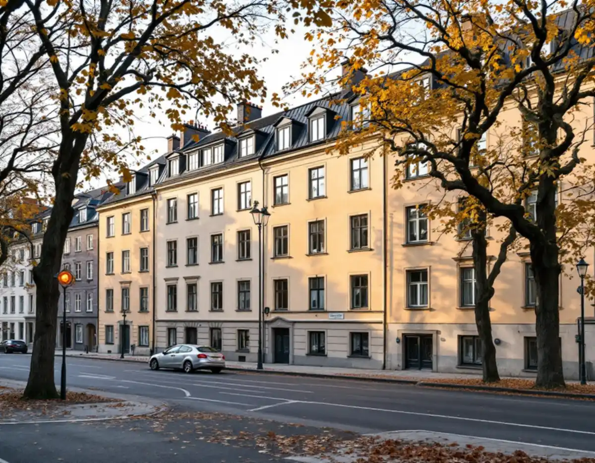 Sammanbyggda stenhus med plåttak och takkupor längs en trädkantad esplanad