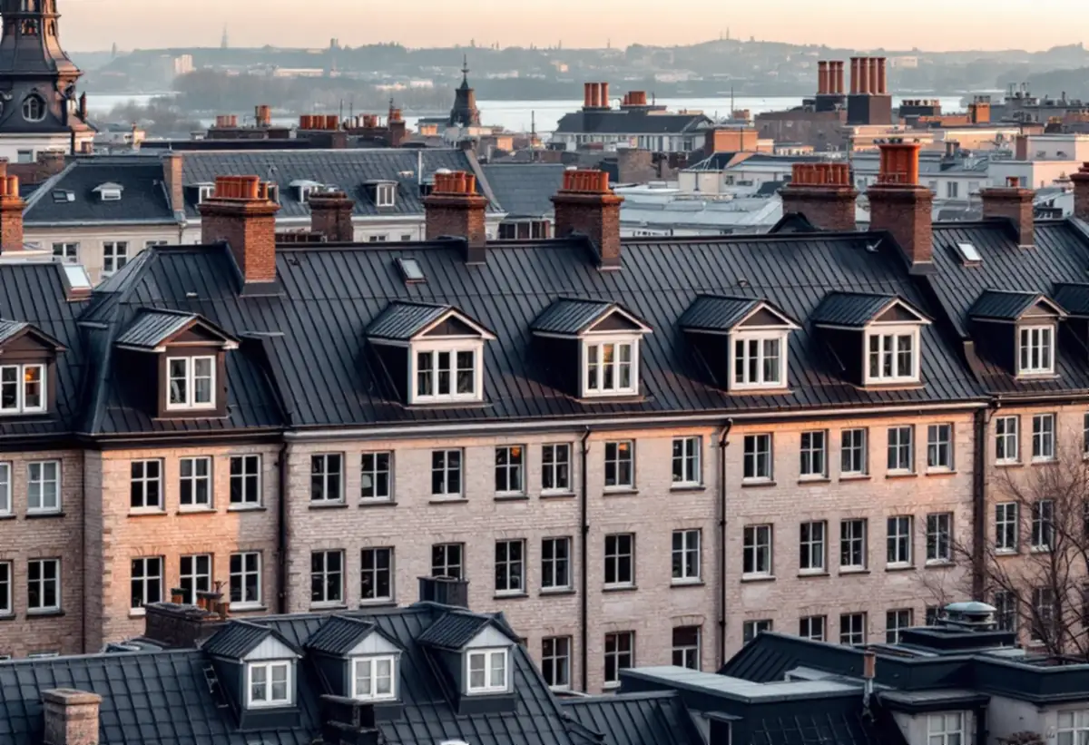Plåttak med takkupor och skorstenar över ett kvarter med stenhus
