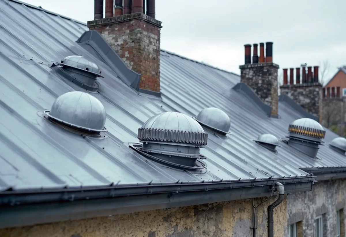 Ventilationshuvar och plåtgenomföringar på ett grått falsat plåttak