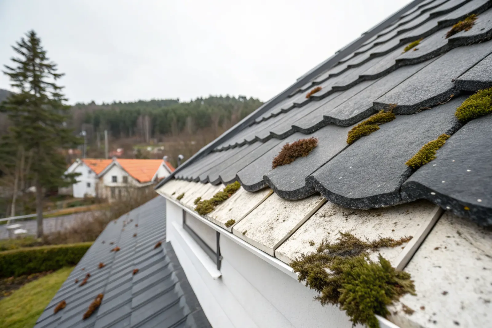 Betongpannor där halva ytan är rengjord och målad med svart takfärg