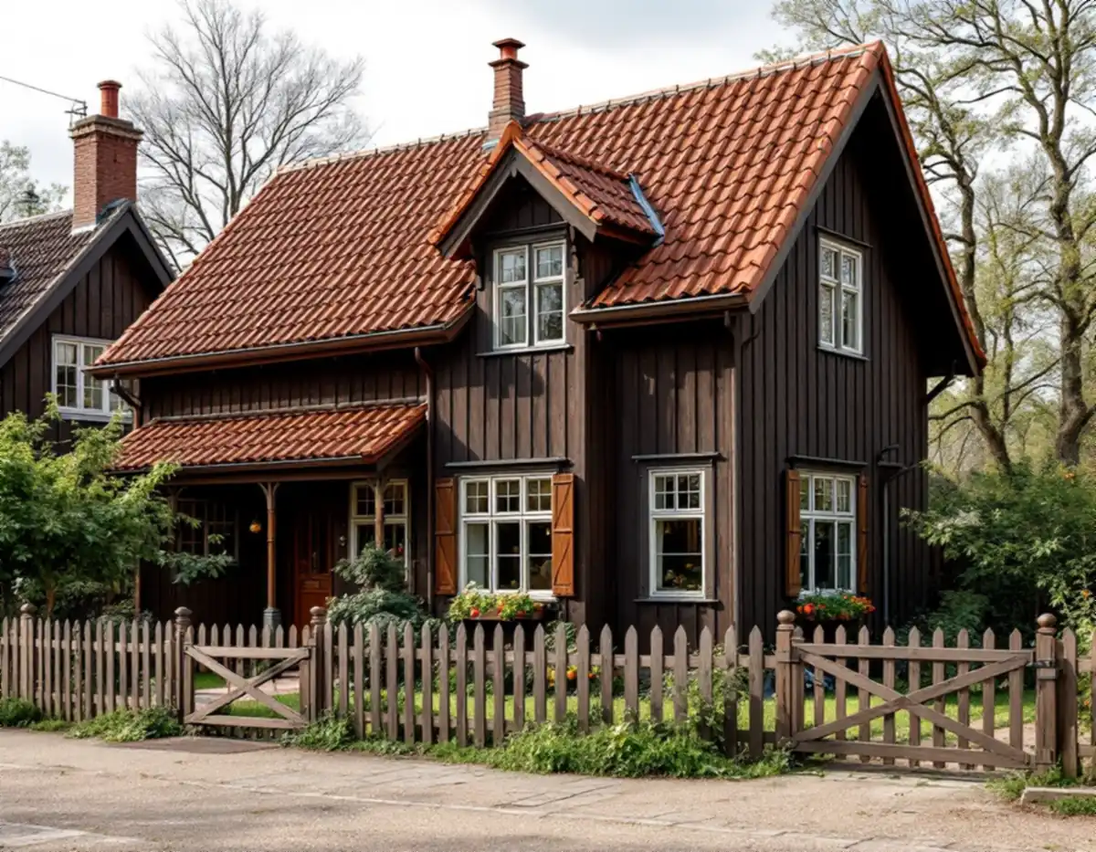 Trähus med brant tegeltak och staket i Gamla Enskede