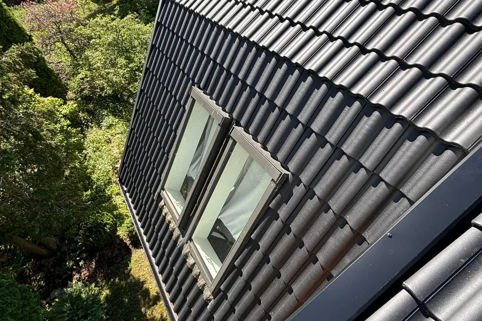 Svart betongpannetak runt en takkupa