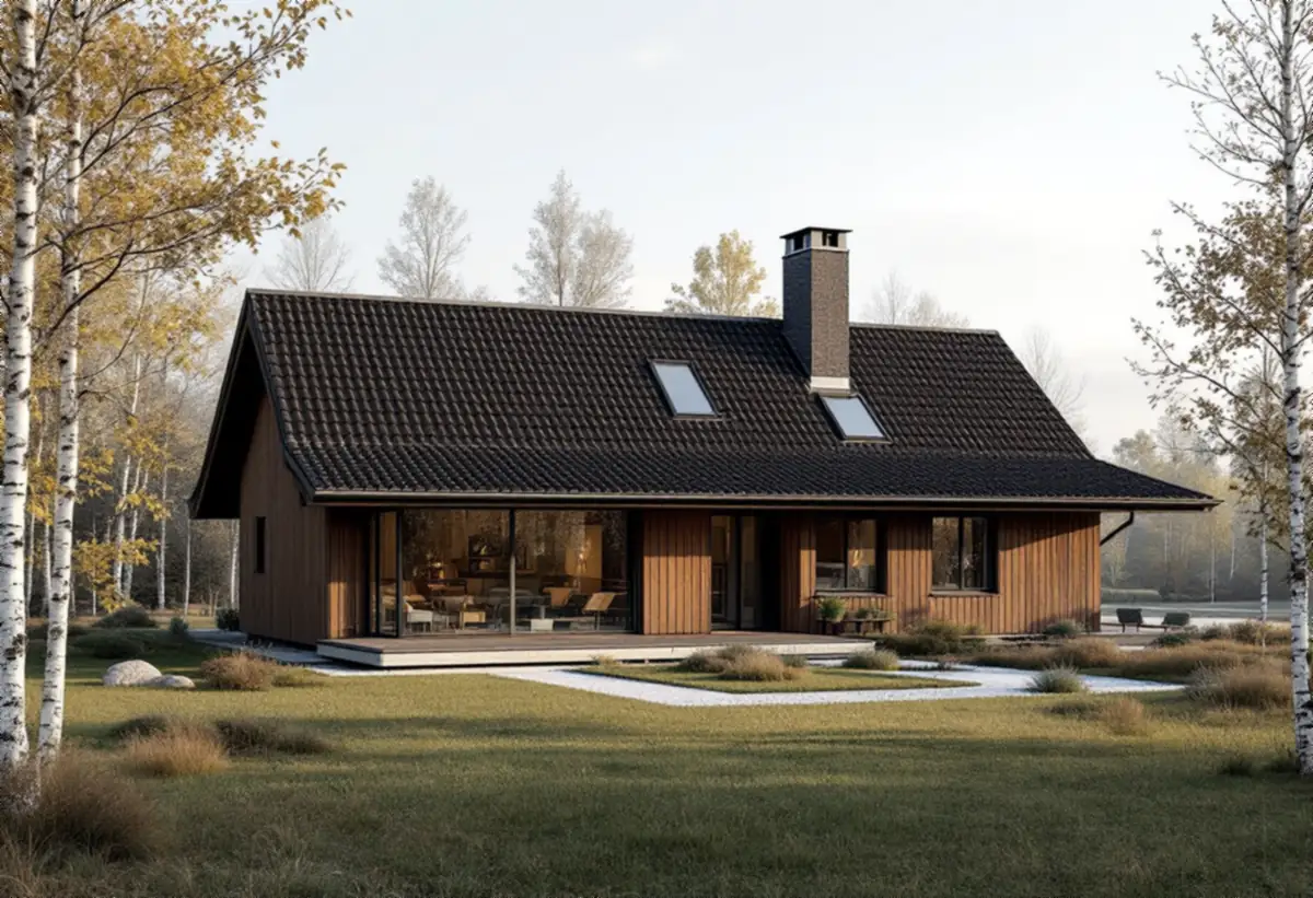 Villa med mörka takpannor och träfasad bland björkar i Haninge