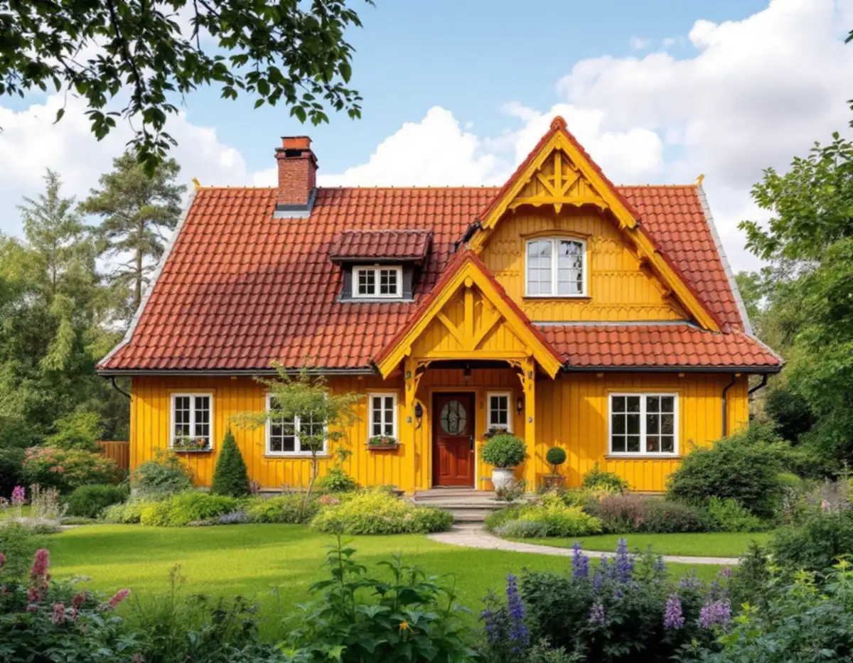 Gul trävilla med tegeltak och snickarglädje i Huddinge
