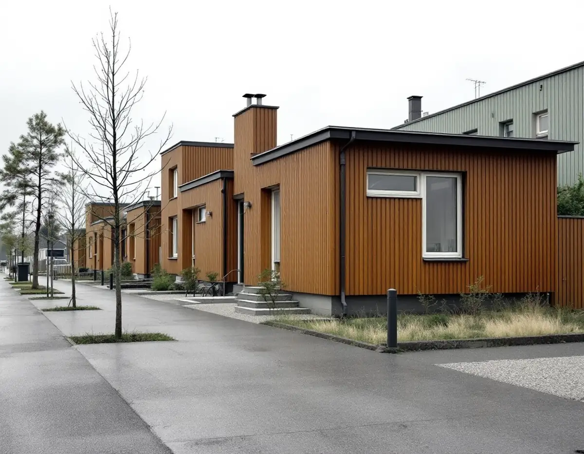 Radhus från 1970-talet med låglutande tak och träfasader