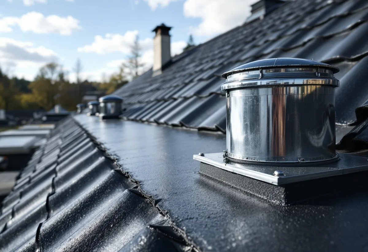 Ventilationshuv och nya anslutningar på ett låglutande tak