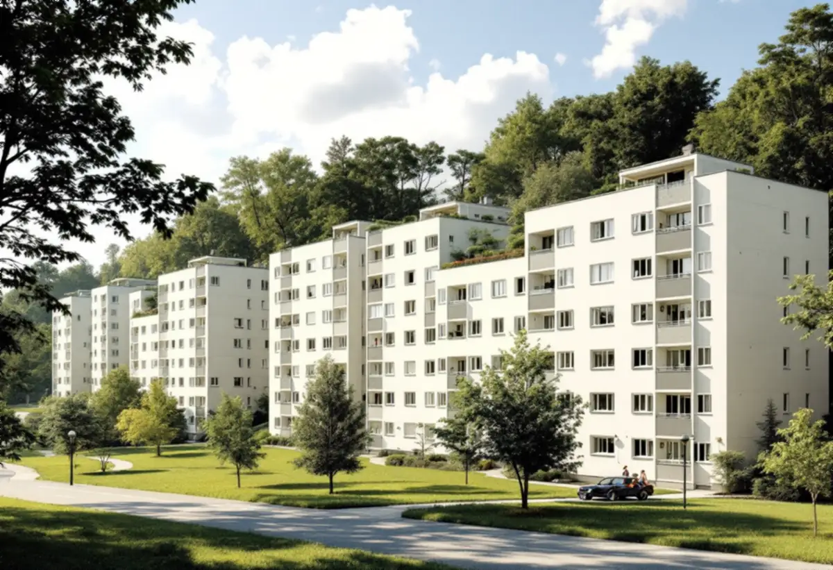 Ljusa lamellhus bland gräsmattor och träd