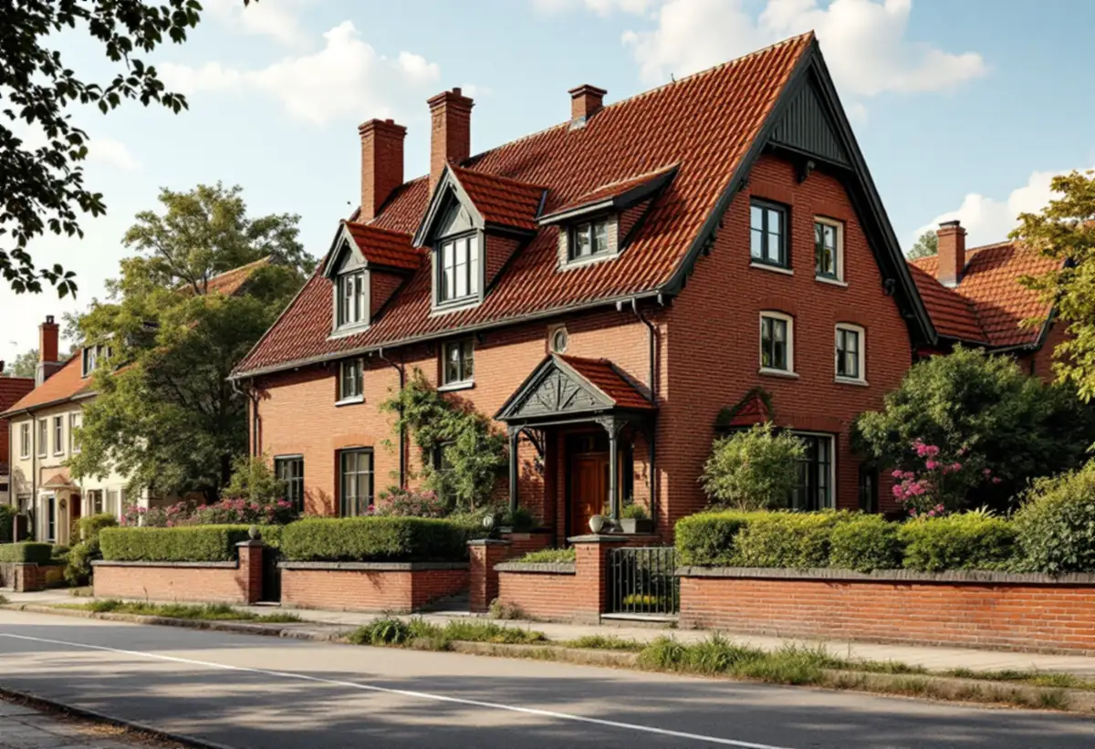Villa i tegel med brant tak och planterad förgård