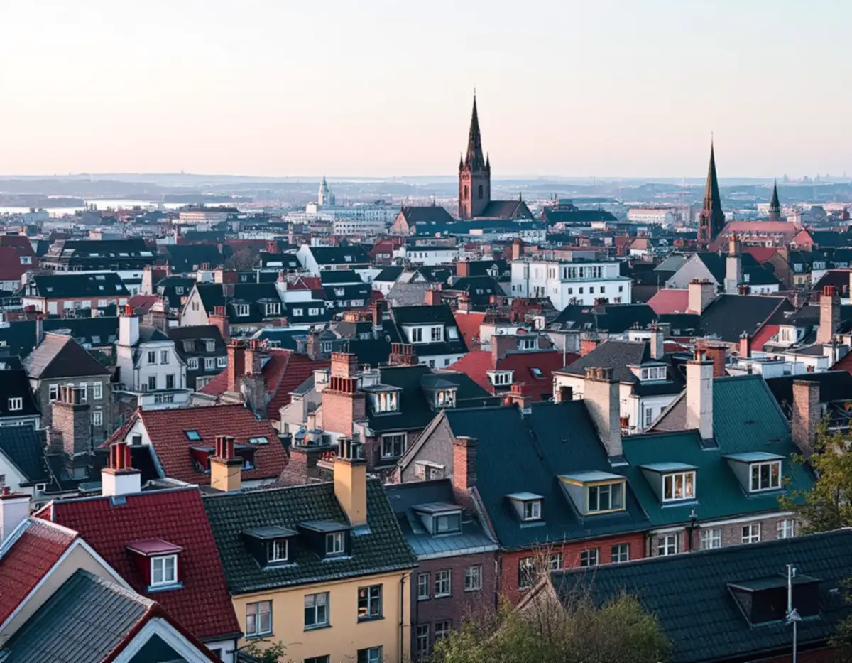 Taklandskap med plåttak och skorstenar i stenstaden