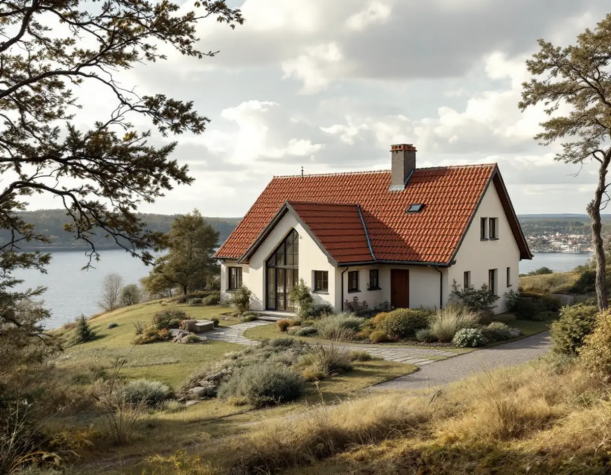 Putsad villa med tegeltak i en sluttning ovanför en sjö i Södertälje