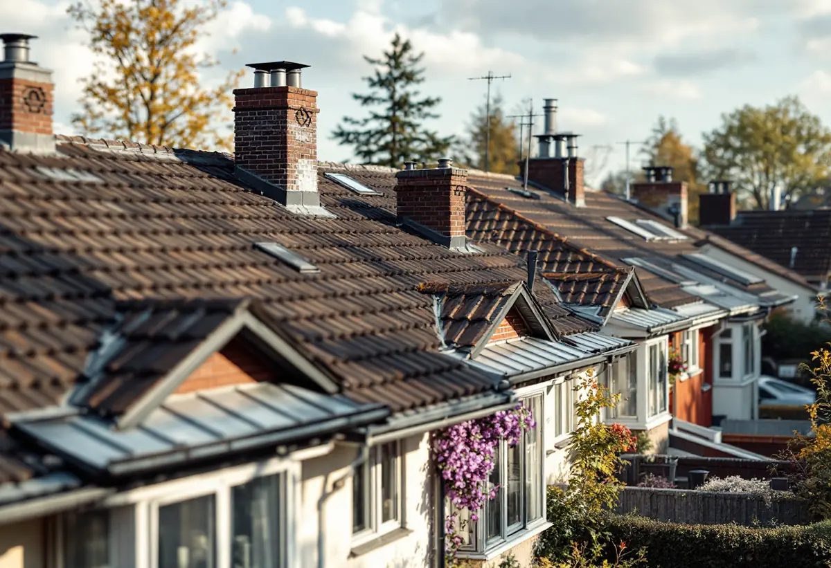 Radhustak med betongpannor, skorstenar och takfönster