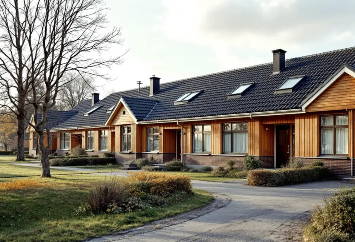 Radhuslänga med mörka betongpannor och takfönster