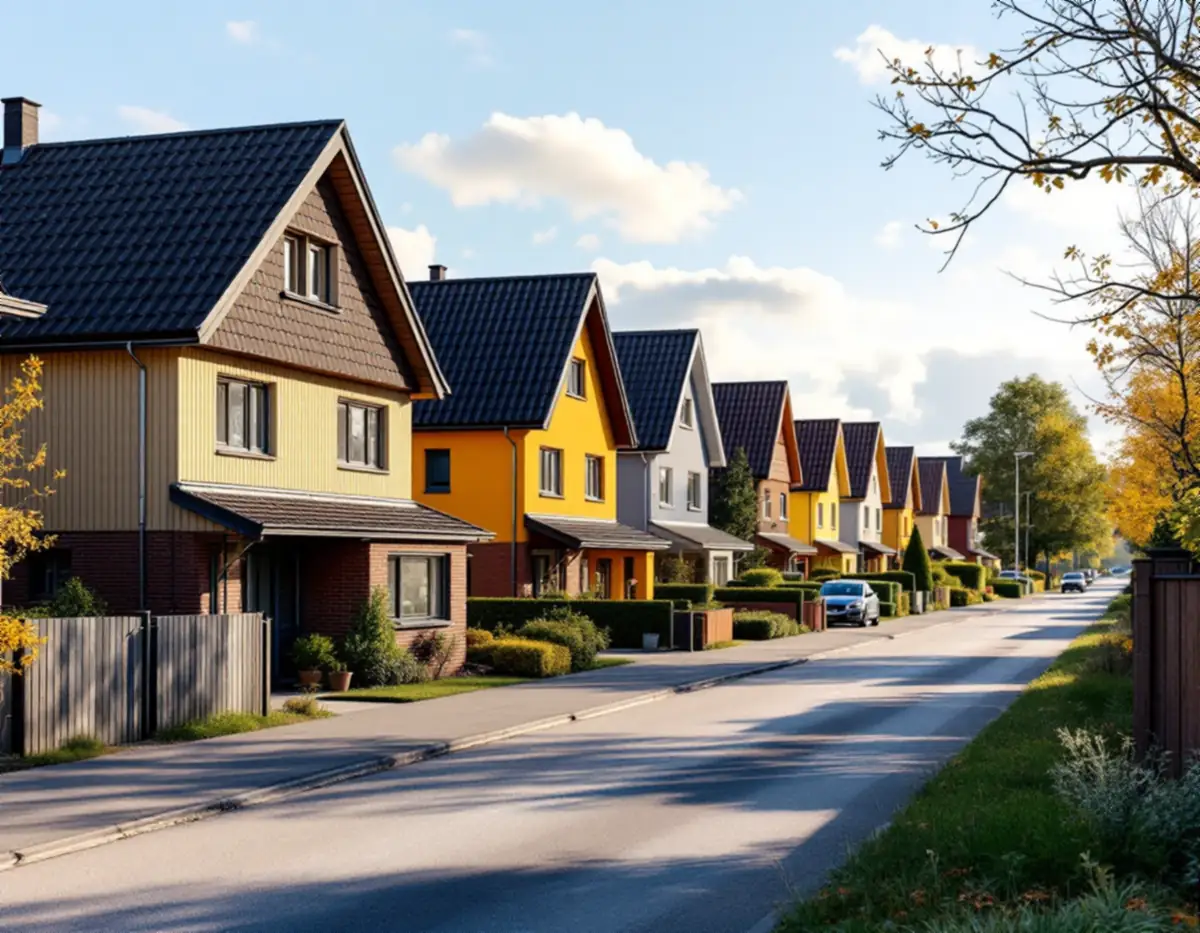 Villagata med likartade hus och mörka tak i Upplands Väsby