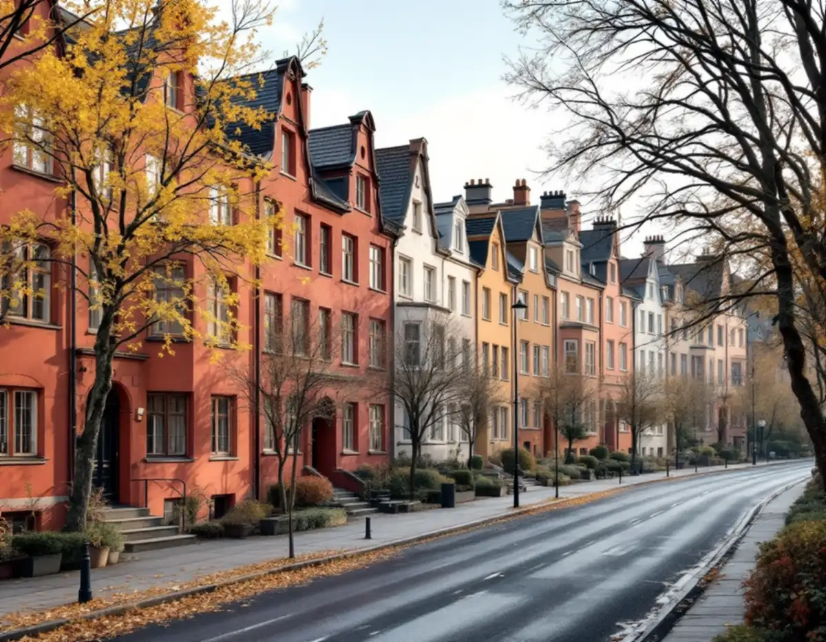 Bostadshus med gavlar mot gatan längs en trädkantad gata