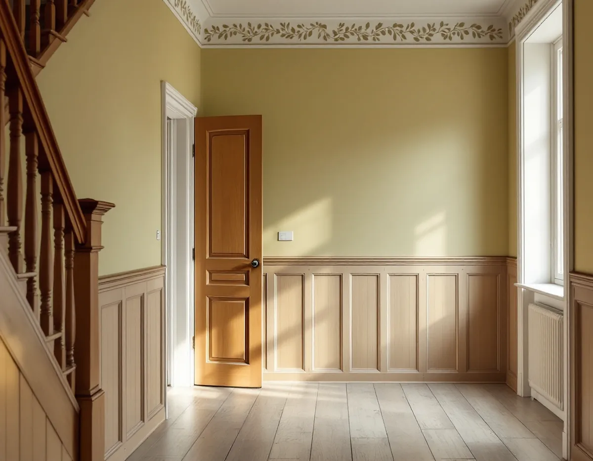 Nytapetserad hall i en villa från tidigt 1900-tal med schablonmålad bård upptill