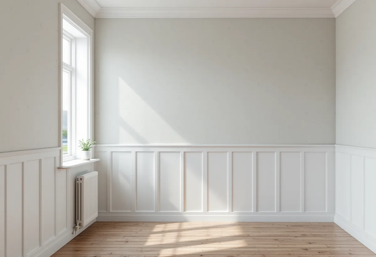 Ljust rum med vitmålad bröstpanel i ett äldre hus