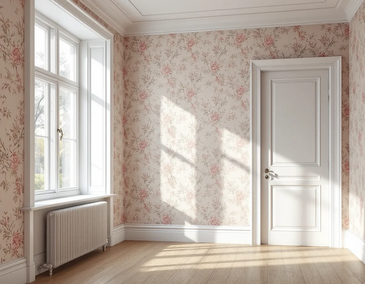Nytapetserat vardagsrum i en äldre villa med blommig tapet och vita foder