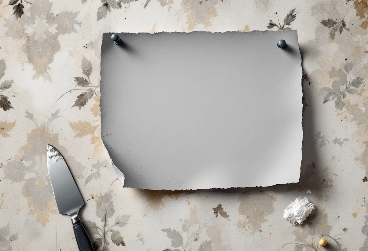 Blött papper fäst med häftstift på en gammal mönstrad tapet som provyta