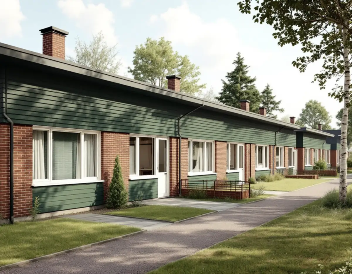 Låga radhus i tegel och grönmålad träpanel längs en gångväg