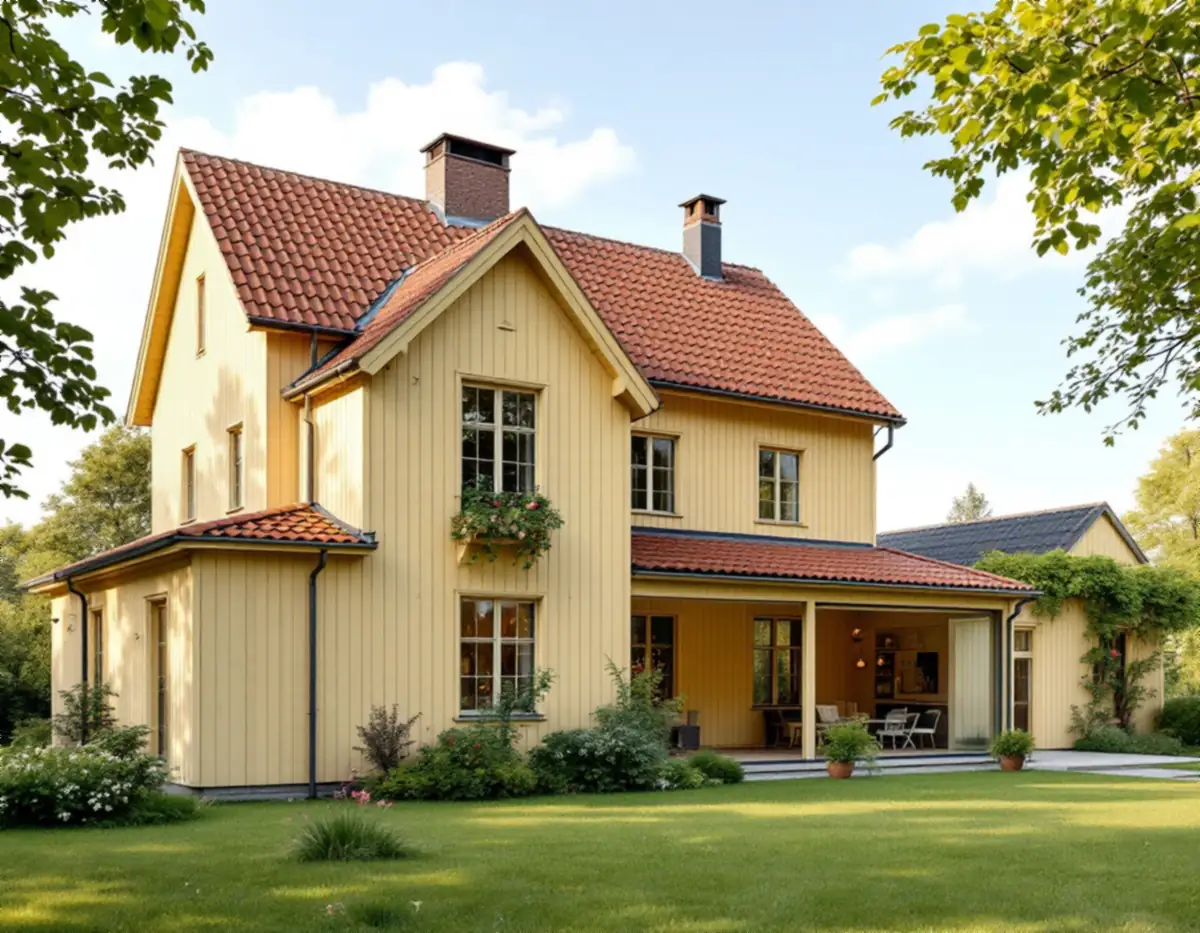 Äldre trävilla med en lägre tillbyggnad med glaspartier mot en lummig trädgård