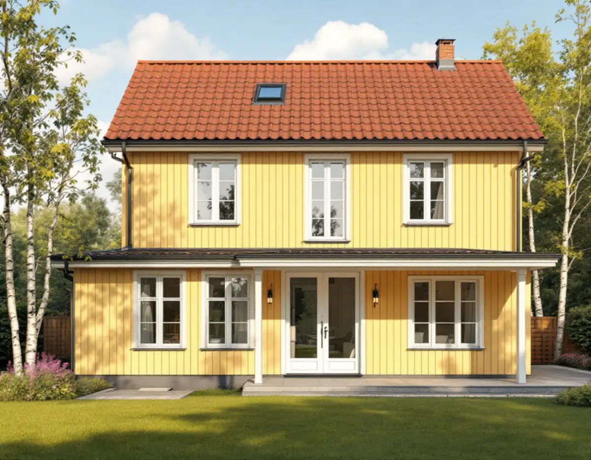 Kataloghus från 1920-talet med en lägre tillbyggnad på baksidan mot trädgården