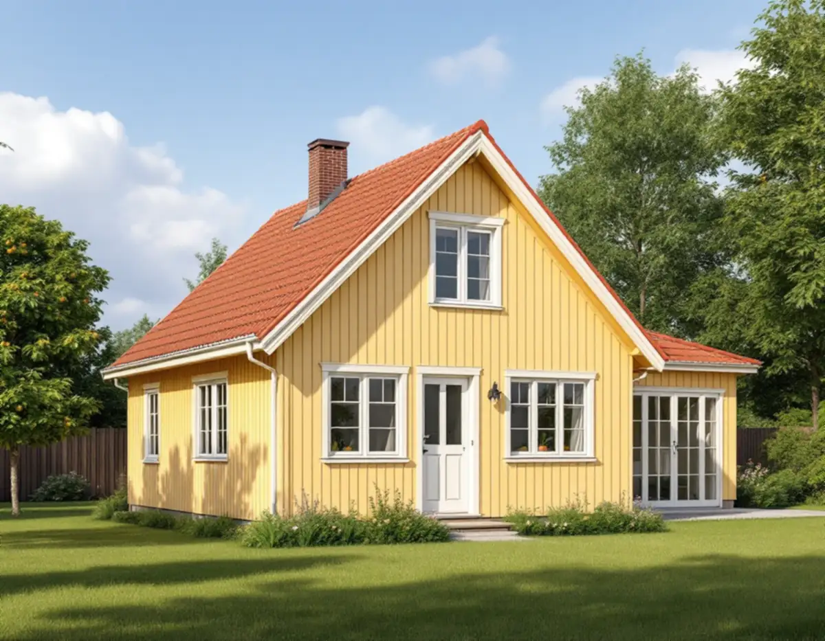 Liten ljus trävilla med rött tegeltak och en lägre tillbyggnad mot trädgården i Bromma