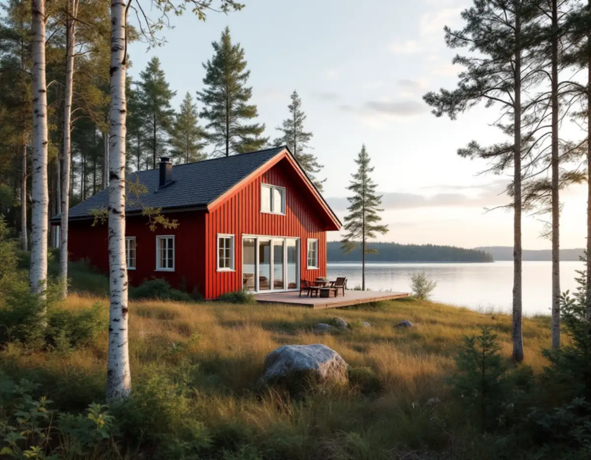 Rödmålad villa med en nybyggd inglasad tillbyggnad mot en sjöutsikt mellan träd