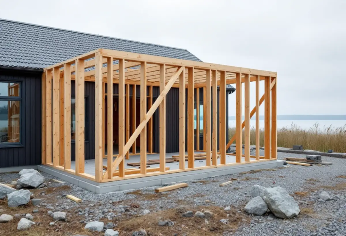 Grund och stomme till en tillbyggnad vid en villa nära en strand