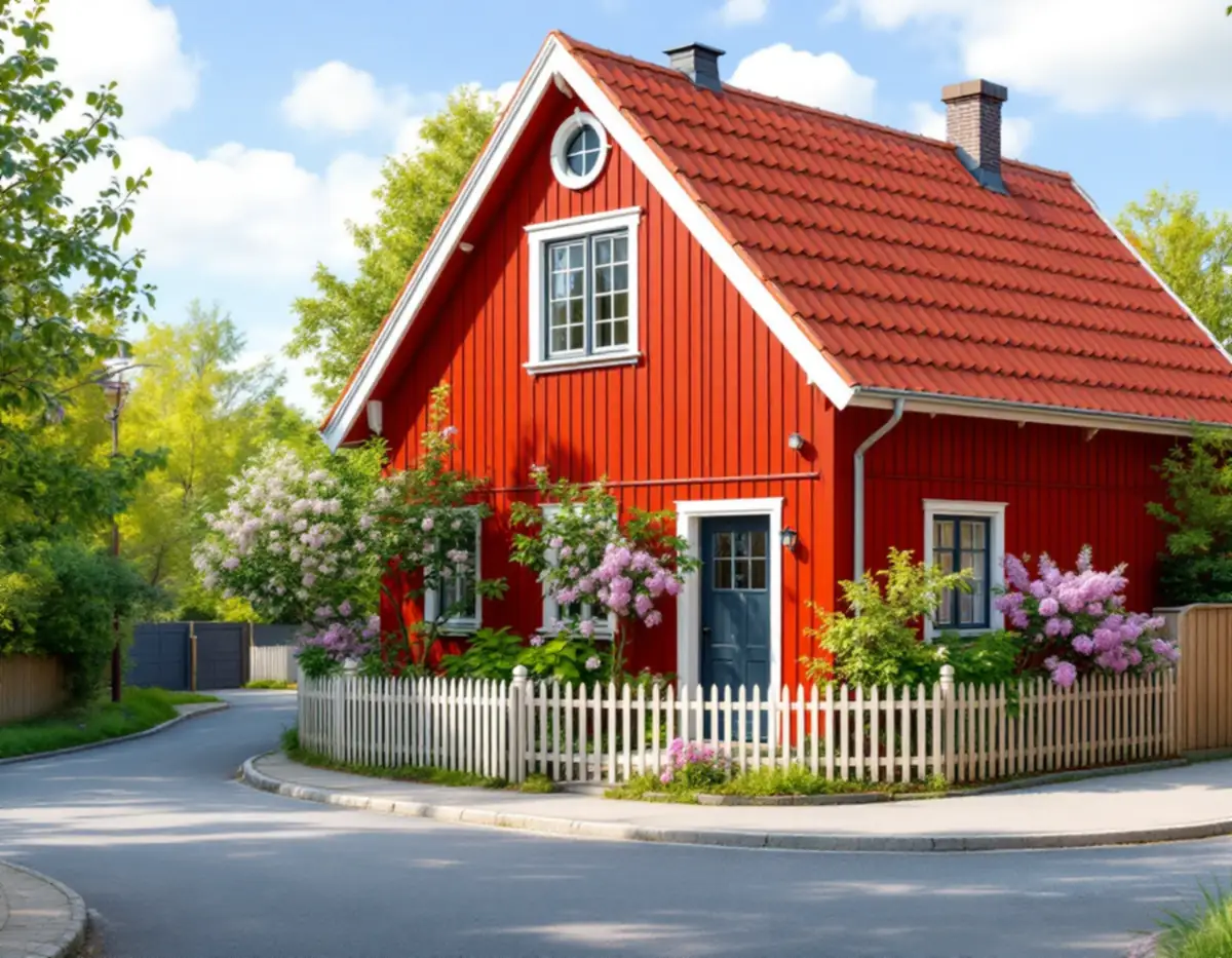 Rödfärgat trähus från 1910-talet med brant tegeltak och staket i en trädgårdsstad i Enskede