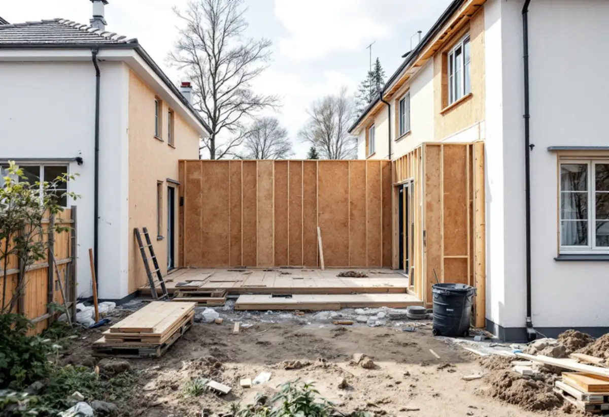 Brandskyddande vägg mellan två radhus under ombyggnad