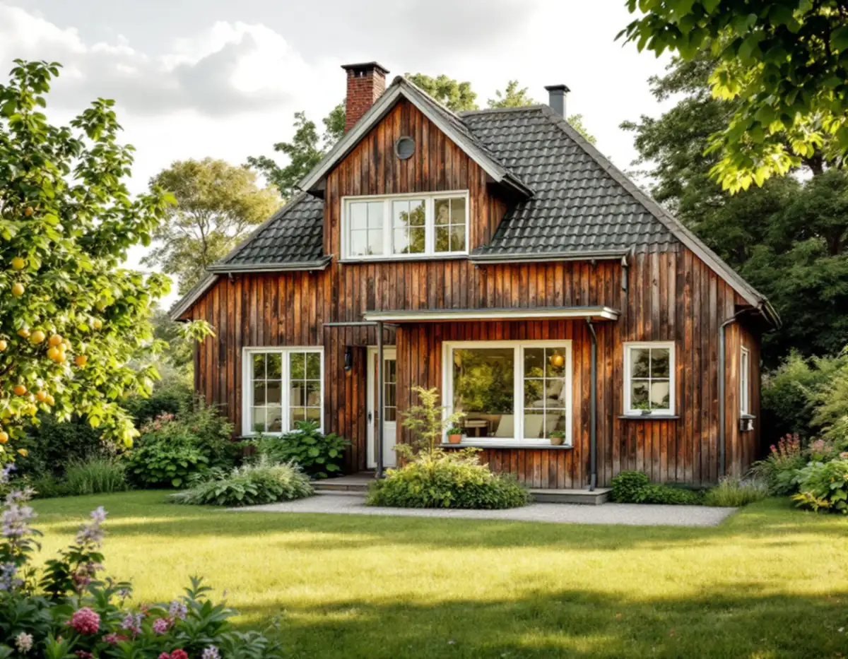 Liten äldre trävilla som byggts ut i flera omgångar med en ny del mot trädgården