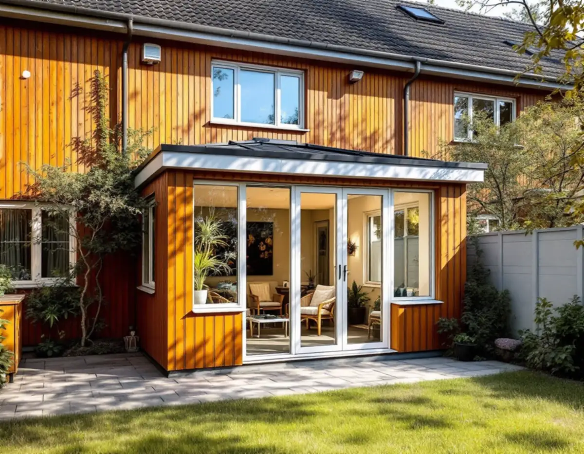 Uterum med låglutande tak på baksidan av ett radhus