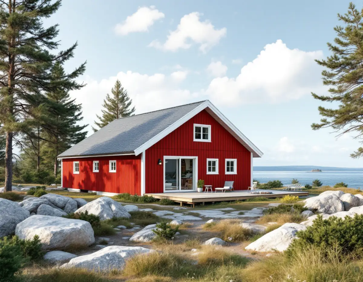 Rödmålat fritidshus med vita knutar och en ny tillbyggnad nära en havsvik