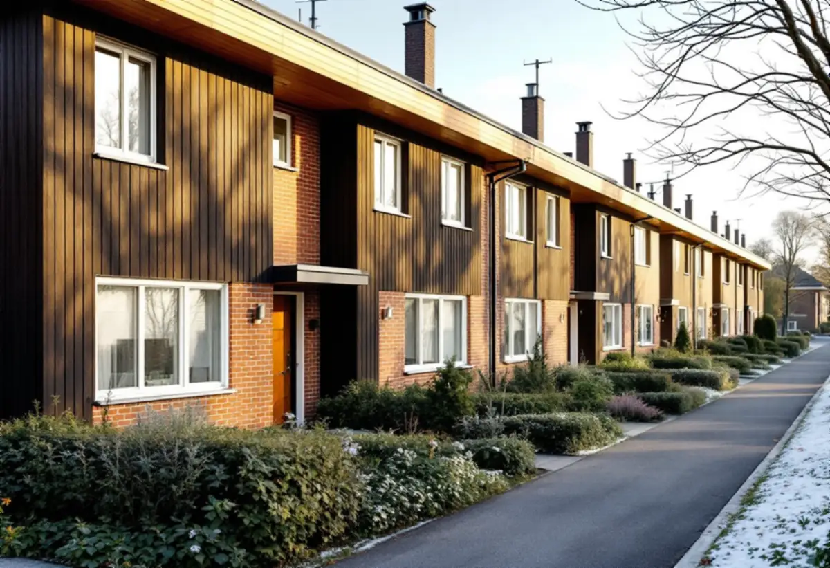 Rad med likadana radhus längs en gångväg