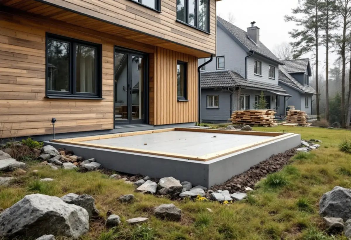 Ny träsockel och grund för en tillbyggnad på en sluttande villatomt