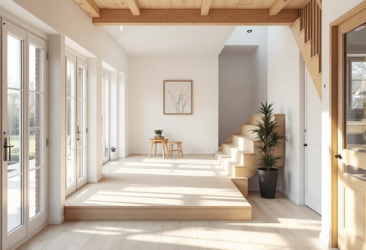 Ljus tillbyggnad med nivåskillnad mellan golven mot det befintliga huset