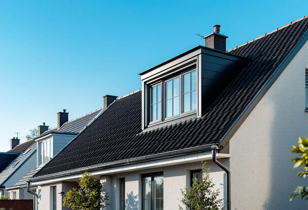 Takkupa på ett radhustak med svarta betongpannor