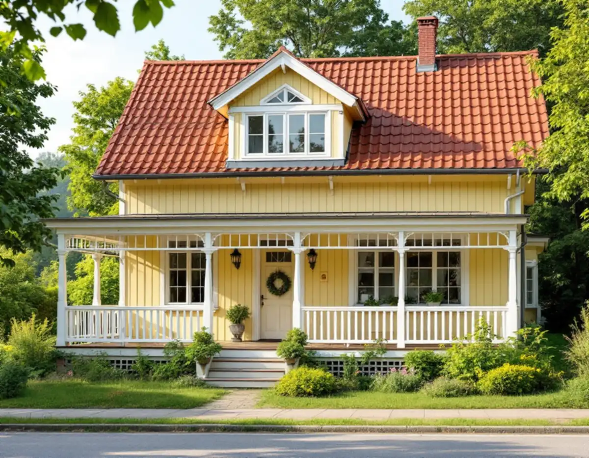 Trävilla med glasveranda och takkupa i en lummig villastad