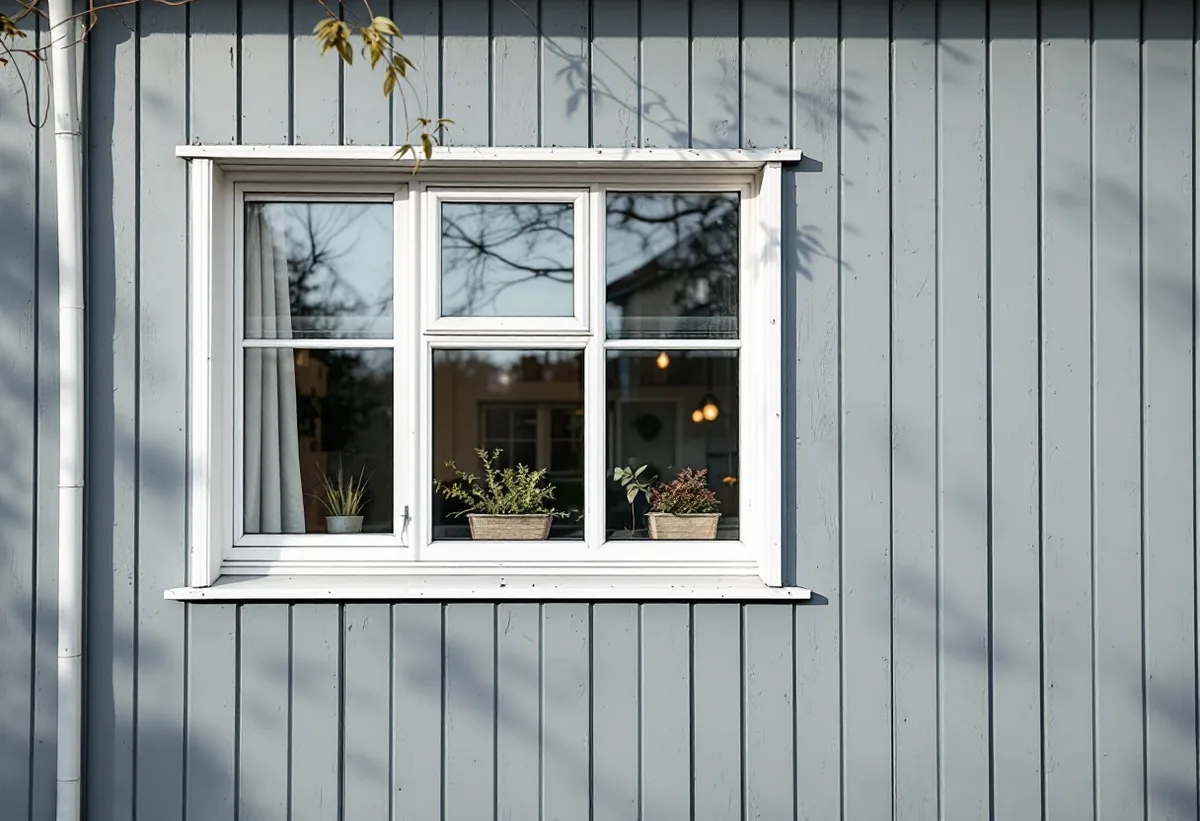 Grå panelfasad med ett enkelt vitt fönster på ett radhus
