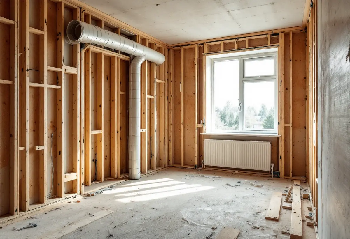 Rum under totalrenovering med blottad stomme och nya installationer
