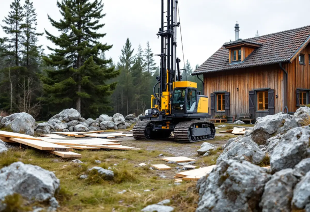Liten borrigg för bergvärme på en bergig villatomt med skyddsskivor på gräsmattan