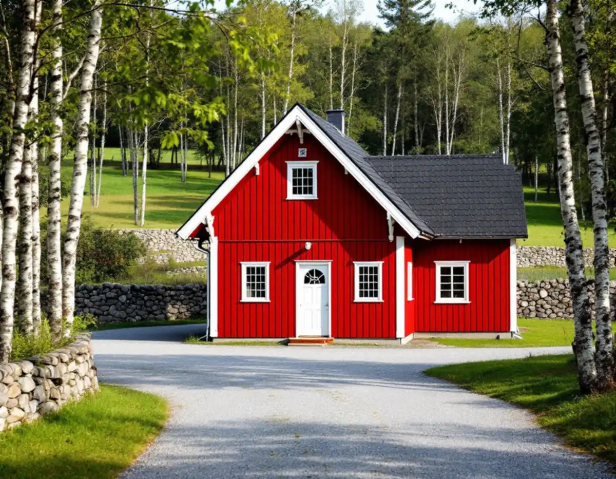 Rött trähus på landsbygden med åkrar runt omkring